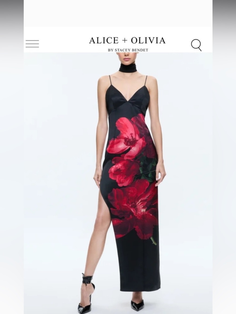 Alice + Olivia Black Monika maxi Slip Dress with Red Floral Motif with scarf